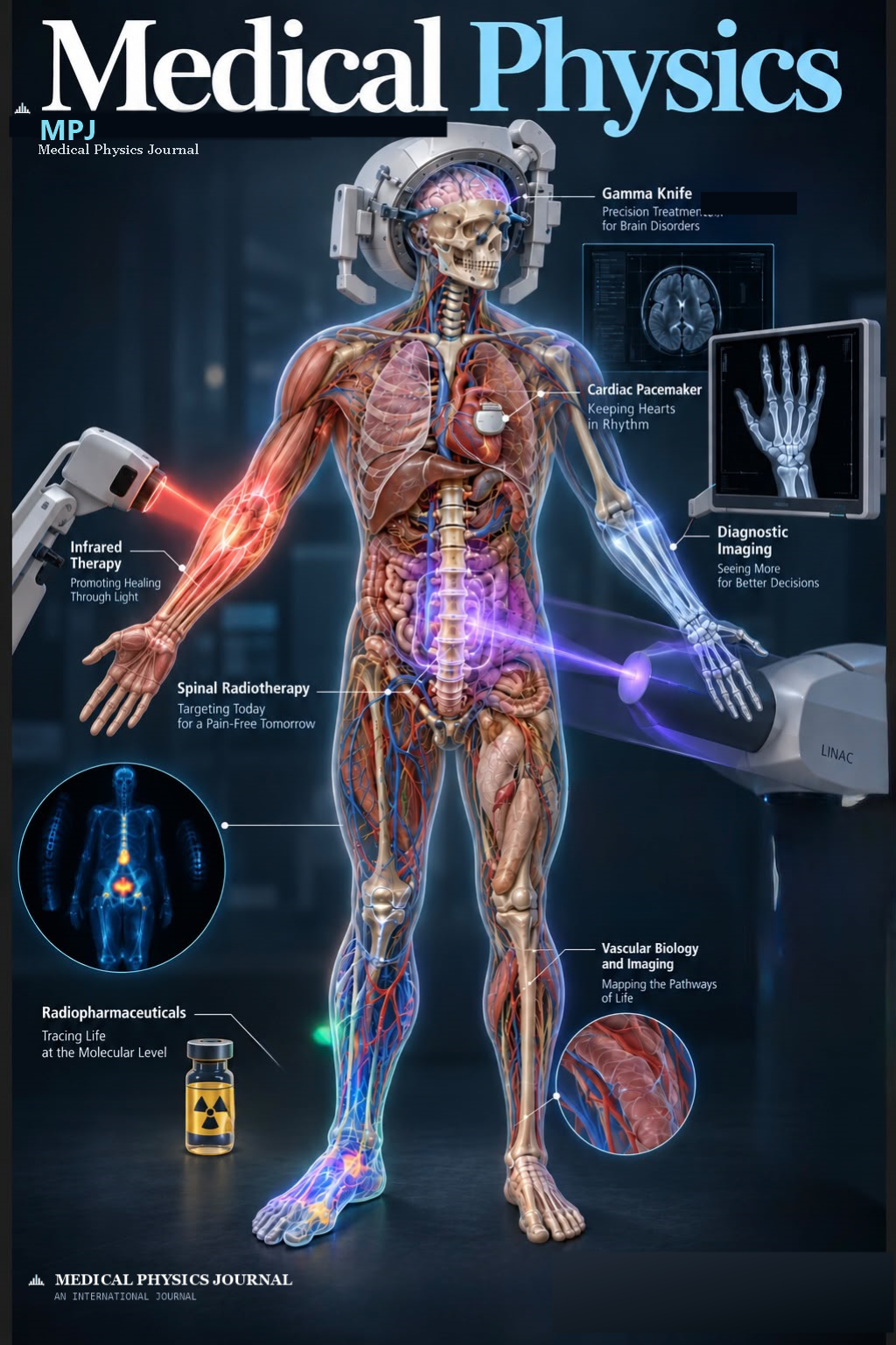 Medical Physics Journal cover: an anatomical figure with labeled Medical Physics equipment — Gamma Knife, LINAC, diagnostic imaging, cardiac pacemaker, infrared therapy, spinal radiotherapy, vascular imaging, and radiopharmaceuticals